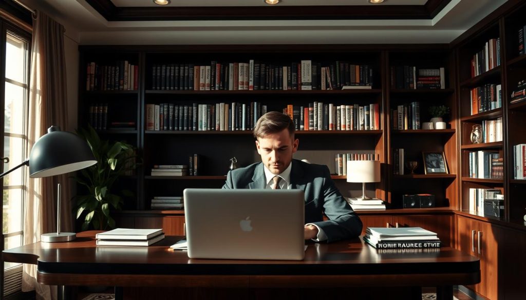 A well-lit, professional home office with dark wood furniture and sleek, modern decor. In the foreground, a person in a suit is sitting at a desk, intently focused on a laptop, their face partially obscured. Bookshelves line the walls, filled with authoritative volumes on marketing and business. Soft, directional lighting casts subtle shadows, conveying a sense of expertise and confidence. The overall atmosphere is one of productive, intellectual engagement - a space where content marketing strategies are honed and expertise is demonstrated.