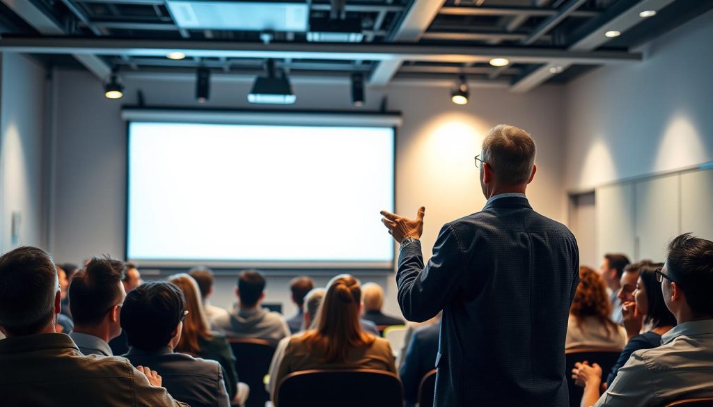 A well-lit webinar presentation stage with a large projection screen, highlighting an audience of attentive participants leaning forward, their faces illuminated by the screen's glow. The presenter, positioned in the foreground, gestures animatedly, engaging the audience with an interactive discussion. Subtle lighting accents the scene, creating a sense of professionalism and energy. The background features a clean, modern workspace, suggesting a corporate or educational setting. The overall composition conveys a dynamic, immersive webinar experience that captivates the audience.