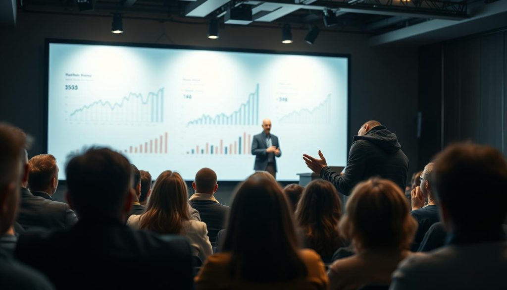 A well-lit webinar stage with a financial advisor speaking passionately, engaging the audience. Soft lighting illuminates the presenter, with a clean, minimalist backdrop showcasing elegant financial charts and graphs. The audience is attentive, leaning forward with a sense of anticipation. The overall mood is professional, informative, and inspiring, conveying the advisor's expertise and the webinar's value. The camera angle is slightly elevated, capturing the speaker's energy and the audience's rapt attention. The scene exudes a sense of trust, authority, and an eagerness to learn.