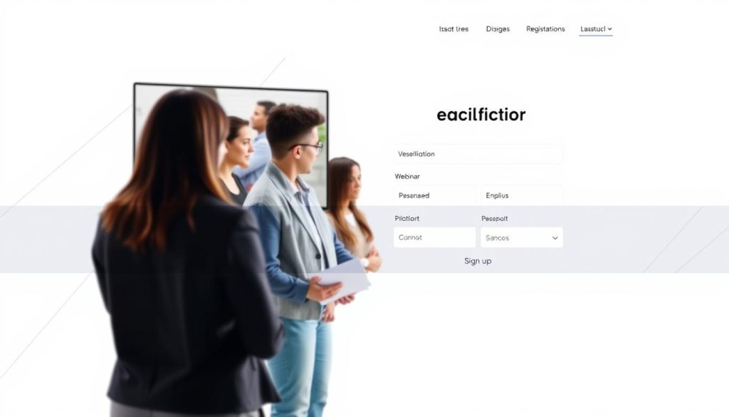 A well-organized webinar registration page with a clean, modern design. In the foreground, a large hero image showcases a diverse group of participants engaged in an online presentation. In the middle ground, a simple registration form with intuitive fields stands out, inviting visitors to sign up. The background features a sleek, minimalist layout with subtle geometric patterns, conveying a sense of professionalism and efficiency. The overall mood is one of clarity, accessibility, and a seamless user experience, creating an attractive and optimized webinar registration process.