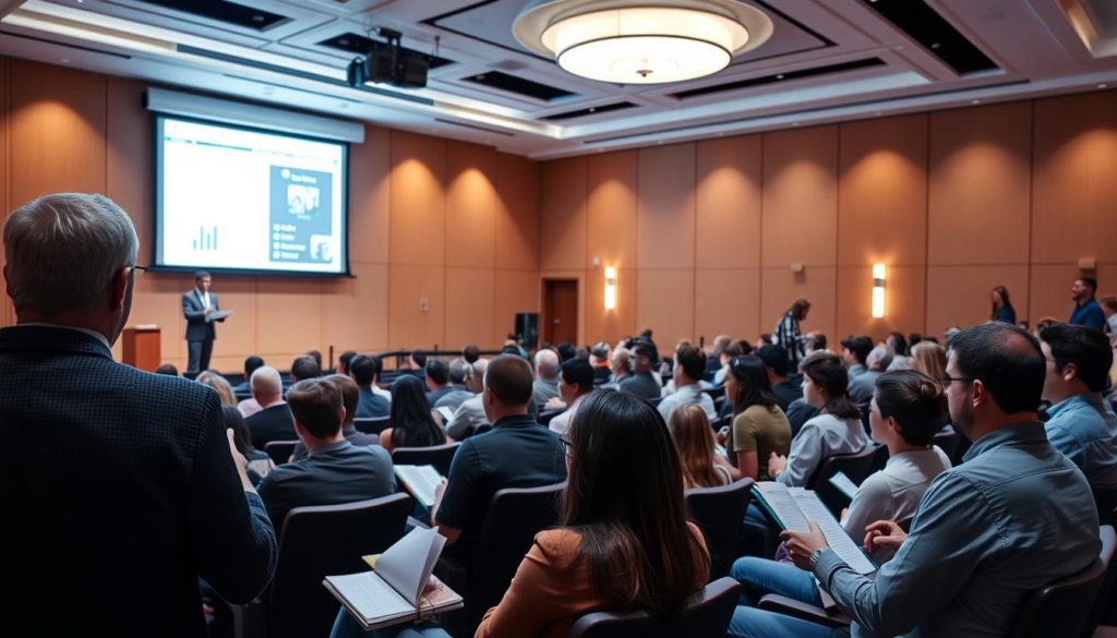 An auditorium filled with attentive viewers, soft lighting highlighting the presenter on stage, a large projection screen behind them displaying impactful visuals. The audience is engaged, leaning forward with notebooks open, eager to participate. In the foreground, a moderator stands ready to facilitate Q&A, while in the background, technical staff monitor the webinar setup. The overall atmosphere conveys professionalism, interactivity, and a commitment to delivering a valuable learning experience.