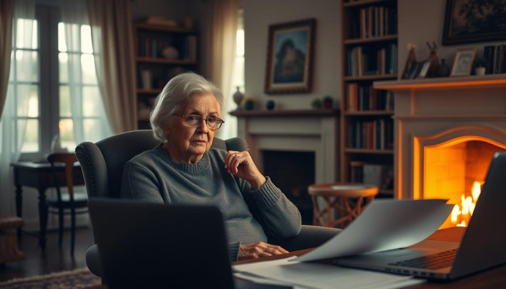 An elderly woman sitting in a chair, deep in thought, surrounded by documents and a laptop on a desk in a cozy, dimly lit home office. The room is filled with bookshelves, a warm fireplace, and soft, natural lighting filtering through sheer curtains. The woman's expression conveys a mix of concern and contemplation as she considers her estate planning decisions. The scene has a sense of quiet introspection, with a focus on the woman's thoughtful gaze and the tangible elements of her estate planning process.