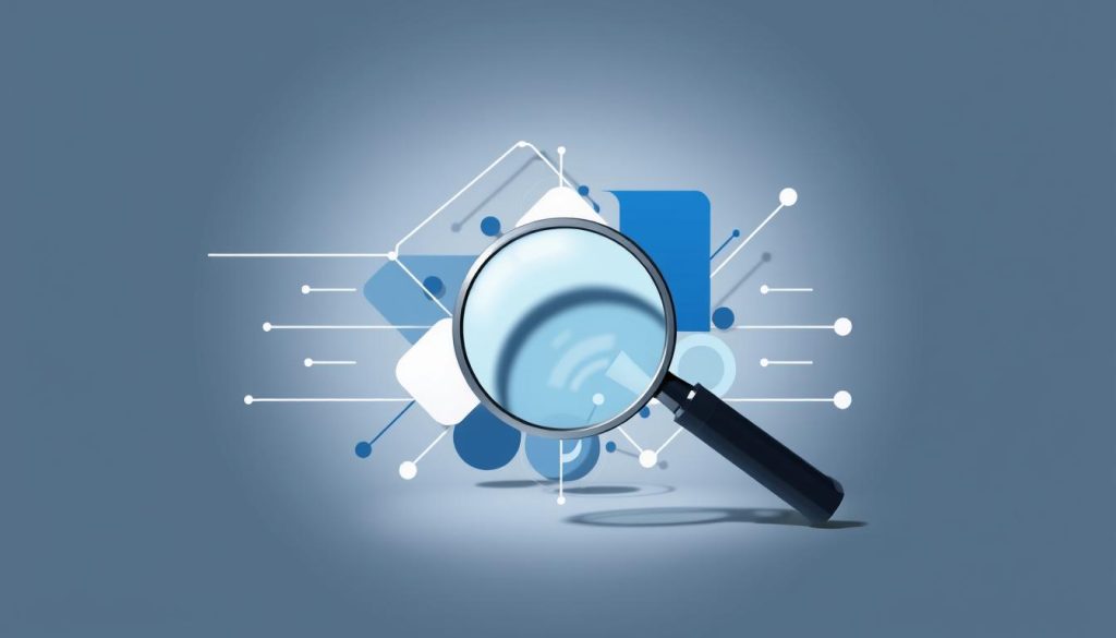 An elegant, minimalist illustration of an abstract content marketing lead generation concept. A central magnifying glass icon in the foreground, symbolizing the research and analysis at the heart of effective lead generation. Surrounding it, a stylized arrangement of geometric shapes and lines in shades of blue, gray, and white, evoking the digital and data-driven nature of modern marketing. The background features a subtle, soft-focus gradient, creating a sense of depth and focus on the central elements. Crisp, high-contrast lighting casts dramatic shadows, emphasizing the three-dimensional form of the shapes. The overall mood is one of clarity, precision, and the power of strategic content to drive leads.