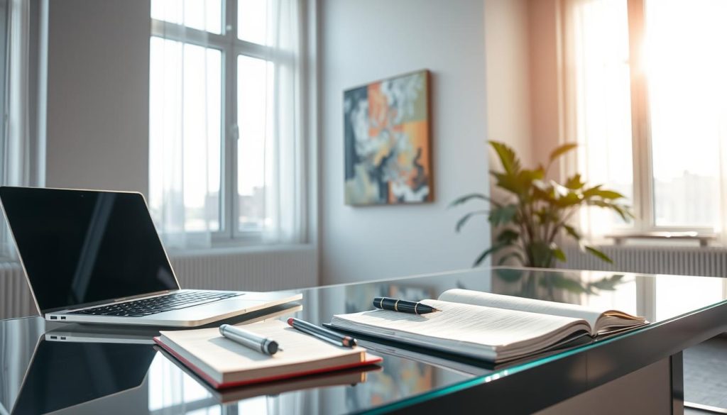 An elegant office interior, sunlight streaming through large windows, illuminating a glass-topped desk with a stylish laptop, fountain pen, and open notebook. On the wall, a vibrant abstract canvas in a sleek frame. Nearby, a potted plant adds a touch of nature. The space exudes creativity, efficiency, and attention to detail - the embodiment of "content creation excellence". The camera angles capture the overall scene with a sense of balanced composition and harmony, inviting the viewer to envision the process of transforming ideas into impactful online content.