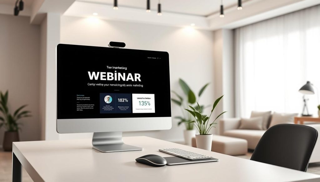 An elegant webinar promotion scene in a modern, minimalist style. A large desktop computer display in the foreground showcases a webinar marketing presentation, with clean typography and sophisticated infographic elements. In the middle ground, a stylish desk setup with a wireless mouse, keyboard, and potted plant creates a professional, productive atmosphere. The background features a muted, neutral-toned room with simple, contemporary decor, allowing the webinar materials to take center stage. Soft, diffused lighting from overhead sources gently illuminates the scene, creating a serene and inviting ambiance.