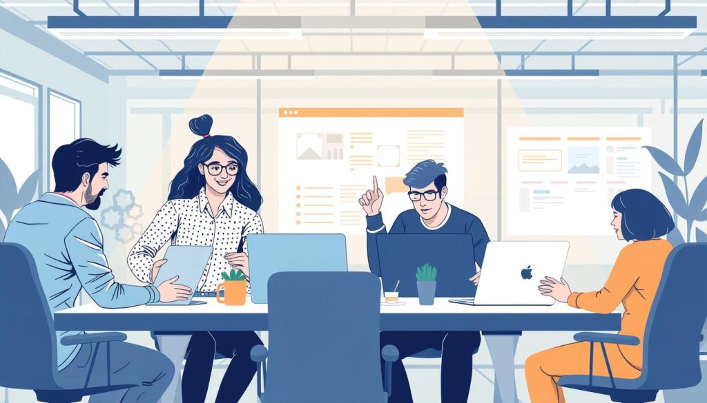 An image of a content marketing team collaborating using project management tools
