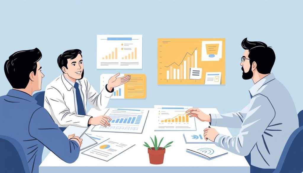 An image representing a financial advisor discussing content marketing strategies with an agency representative.