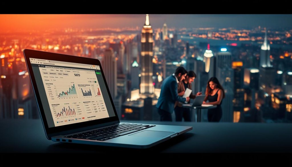 An intricate visual representation of an SEO content strategy, captured with a cinematic flair. In the foreground, a sleek laptop displays analytics dashboards and SEO optimization tools, bathed in a warm, focused light. In the middle ground, a team of digital marketers collaborates, their faces illuminated by the glow of their screens as they craft compelling, search-optimized content. In the background, a sprawling cityscape serves as a symbolic backdrop, hinting at the global reach and digital interconnectedness of modern marketing. The scene is imbued with a sense of purpose and momentum, reflecting the dynamic, data-driven nature of an effective SEO content strategy.