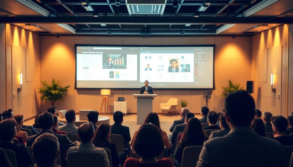 An intricate webinar setup with a large projection screen displaying visuals, a presenter at a sleek podium, and an attentive audience filling the foreground. Warm lighting illuminates the scene, creating a professional and engaging atmosphere. The middle ground features modern, minimalist furniture and decor, while the background is softly blurred, allowing the focus to remain on the webinar presentation. The overall composition conveys a sense of productive collaboration and effective knowledge sharing.