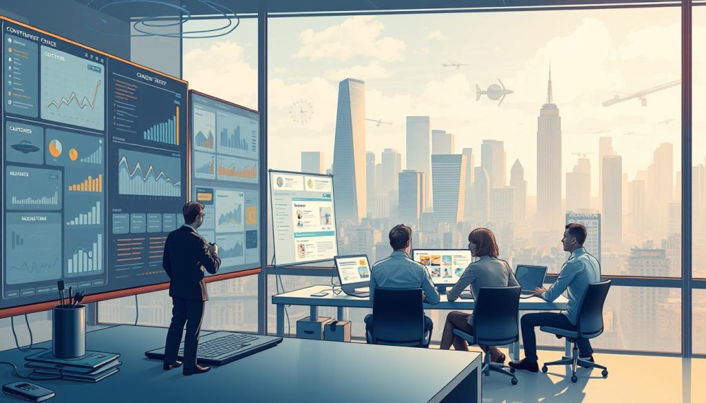 An intricately detailed, high-resolution digital illustration depicting a dynamic content strategy scene. In the foreground, a user interface with various content assets and metrics displayed on screens, reflecting the strategic decisions and analytics that drive effective content marketing. The middle ground showcases a team of content creators and strategists collaborating, brainstorming ideas, and mapping out content workflows. In the background, a cityscape with skyscrapers and technology infrastructure suggests the broader digital landscape in which content strategy is situated. The lighting is soft and warm, creating a professional, thoughtful atmosphere. The composition is balanced, with a strong sense of depth and a focus on the collaborative, data-driven nature of modern content strategy.