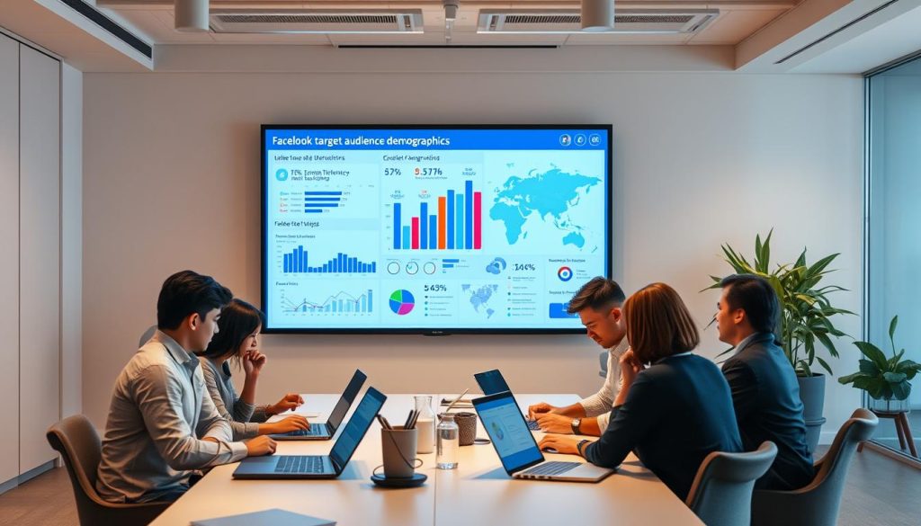 An office interior with a large video display on the wall, showcasing targeted Facebook ad demographics. In the foreground, a team of marketers collaborate around a table, studying audience data and campaign performance on their laptops. Soft, warm lighting fills the room, creating a focused, analytical atmosphere. The middle ground features detailed infographics and charts, visually conveying audience segmentation, interests, and behaviors. In the background, a world map or data visualization emphasizes the global reach of the Facebook advertising platform. The overall scene should convey a sense of strategic planning and data-driven decision making for effective video ad targeting.