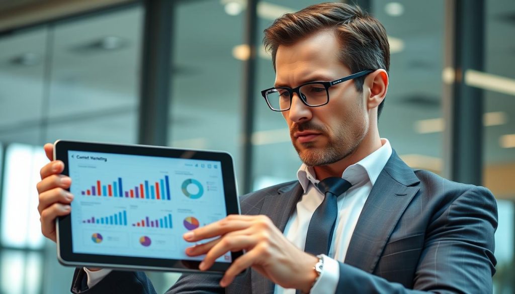 Create an image of a business professional analyzing content marketing data on a digital tablet.