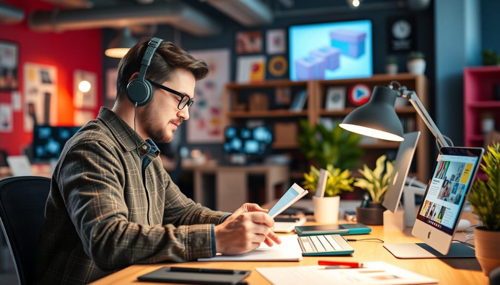 Create an image of a marketer using visual content creation tools