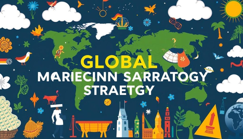 Create an image representing a global marketing strategy with diverse cultural elements.