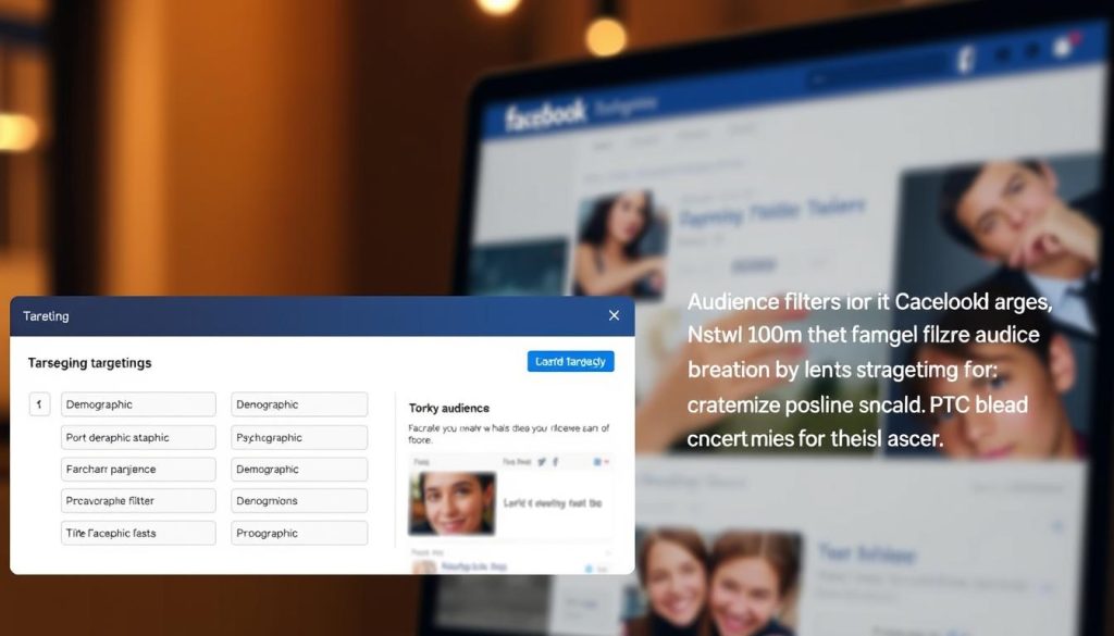 Detailed illustration of Facebook advertising targeting options, showcasing a sleek, modern interface with various demographic, psychographic, and behavioral targeting parameters. Crisp, high-resolution rendering with a clean, minimal design aesthetic. Foreground features the core targeting categories, midground includes customizable audience filters, and background depicts a subtly blurred Facebook feed. Warm, inviting lighting creates a professional, informative mood, captured through a slightly elevated camera angle to provide an engaging, comprehensive view of the targeting capabilities.