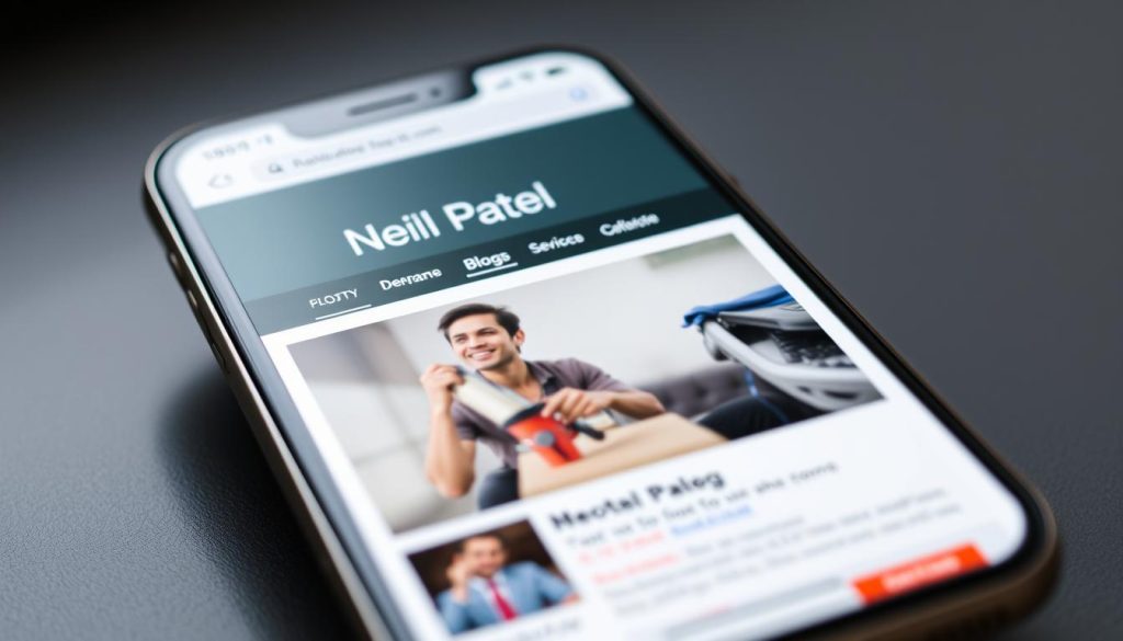 Generate an image of Neil Patel's blog on a mobile device.