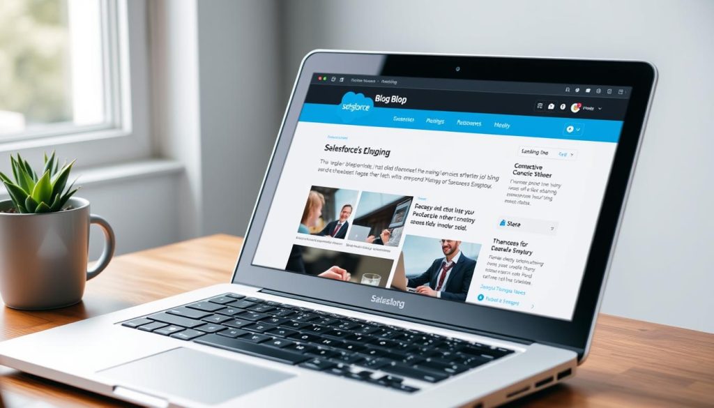 Generate an image of Salesforce's blog on a laptop screen.