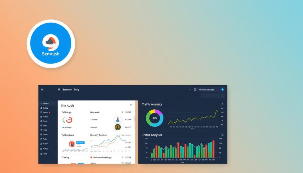 Generate an image of Semrush dashboard highlighting its features