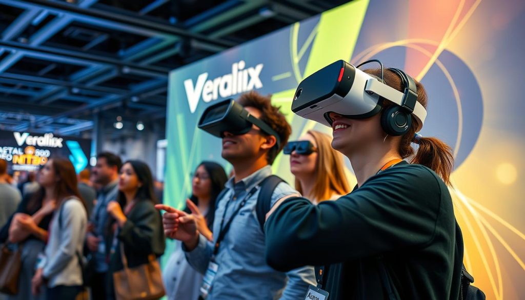 Generate an image of a brand showcasing an interactive VR experience at a tech conference, with attendees engaging with the VR technology.