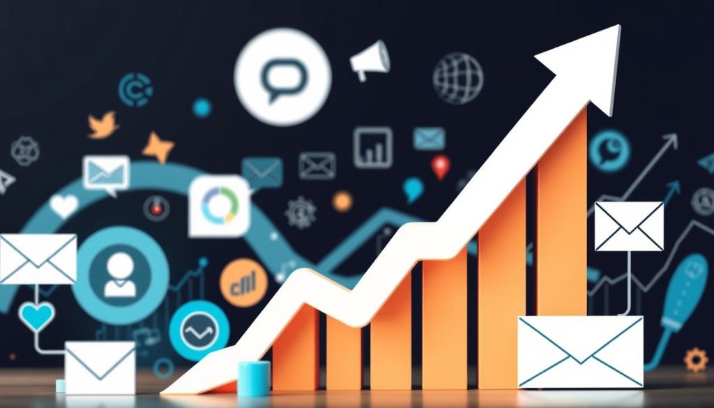 Generate an image of a business growth graph with a subtle background of digital marketing elements.