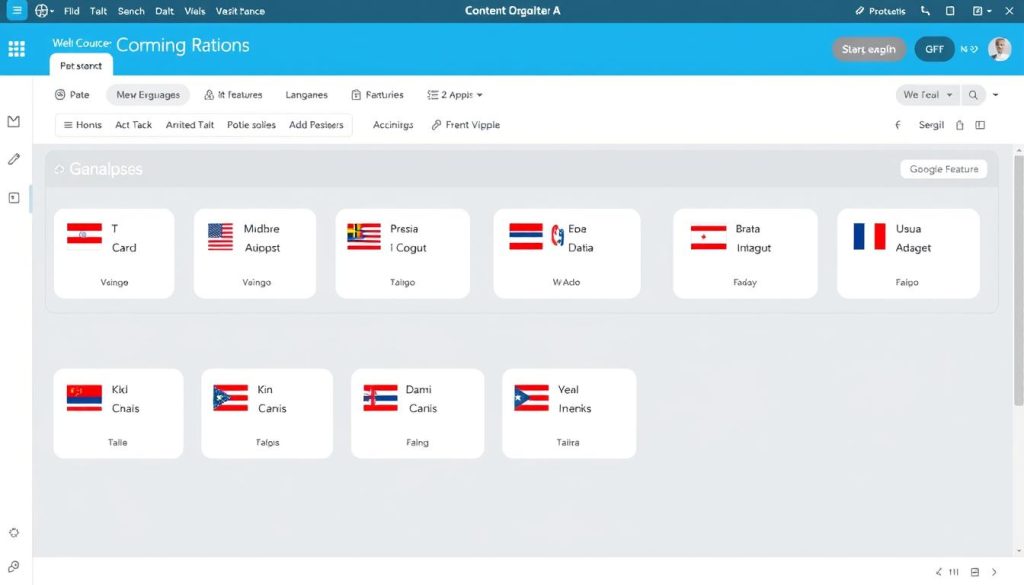 Generate an image of a content localization software dashboard with various language options.