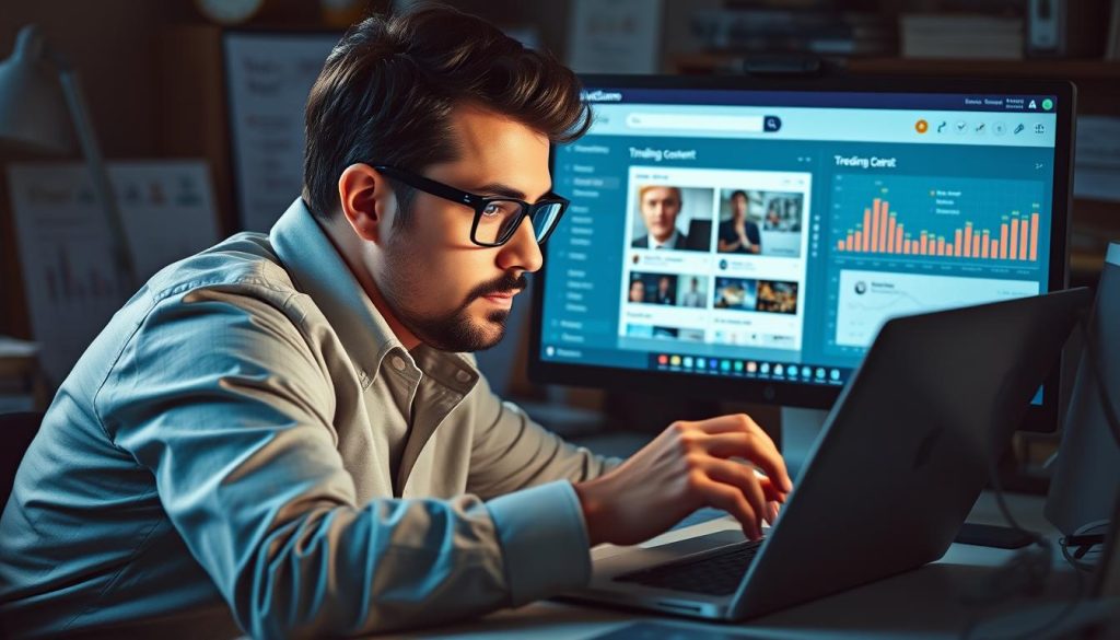 Generate an image of a content marketer using BuzzSumo to analyze trending content on a dashboard.