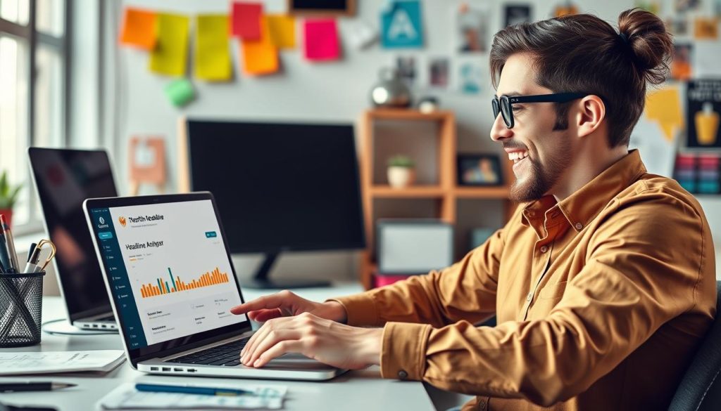 Generate an image of a content marketer using CoSchedule Headline Analyzer on a laptop.