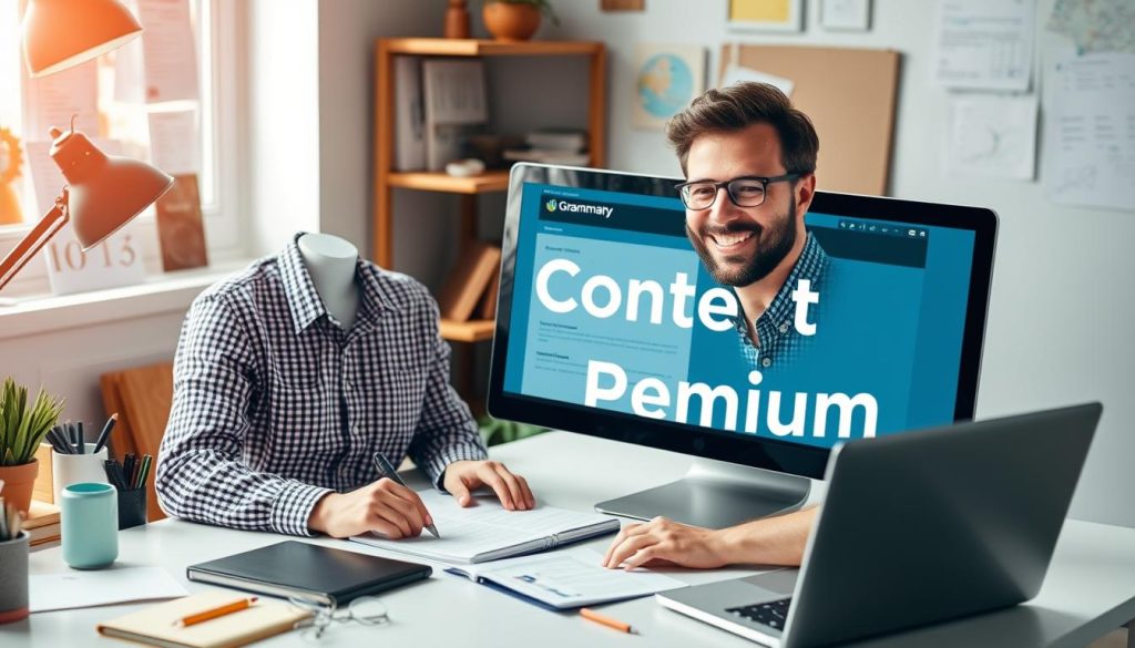 Generate an image of a content marketer using Grammarly premium on a desktop.