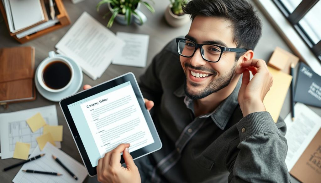 Generate an image of a content marketer using Hemingway Editor app on a tablet.