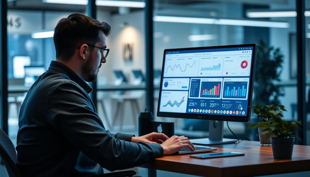 Generate an image of a content marketer using a laptop with various content marketing tools on the screen.