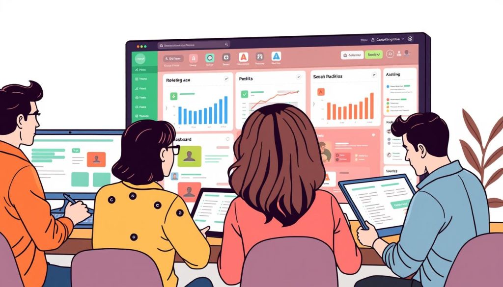 Generate an image of a content team using Feedly to curate and research content on a shared dashboard.