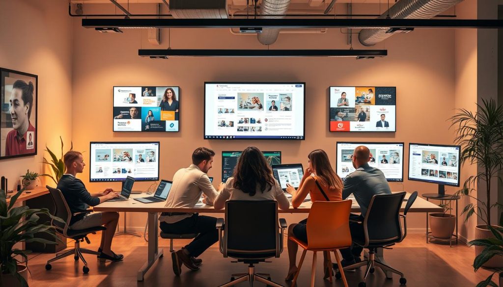 Generate an image of a creative agency workspace with a team brainstorming around a table, surrounded by screens displaying various content creation projects.