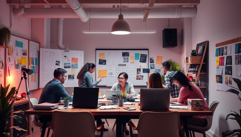 Generate an image of a creative agency workspace with designers and content creators collaborating on a project.