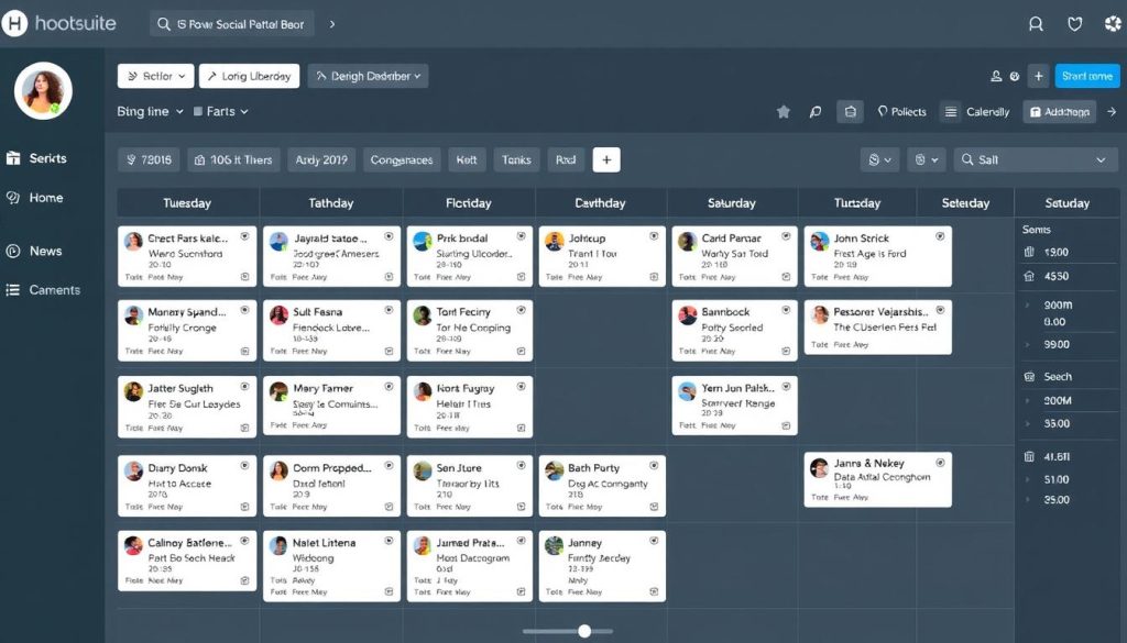 Generate an image of a dashboard on Hootsuite showing scheduled social media posts.
