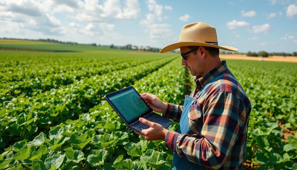 Generate an image of a farmer using Climate FieldView's fungicide tool on a farm.