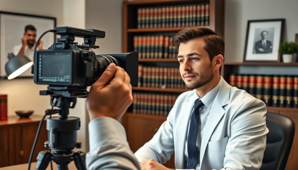 Generate an image of a lawyer creating a video for their law firm's marketing campaign.