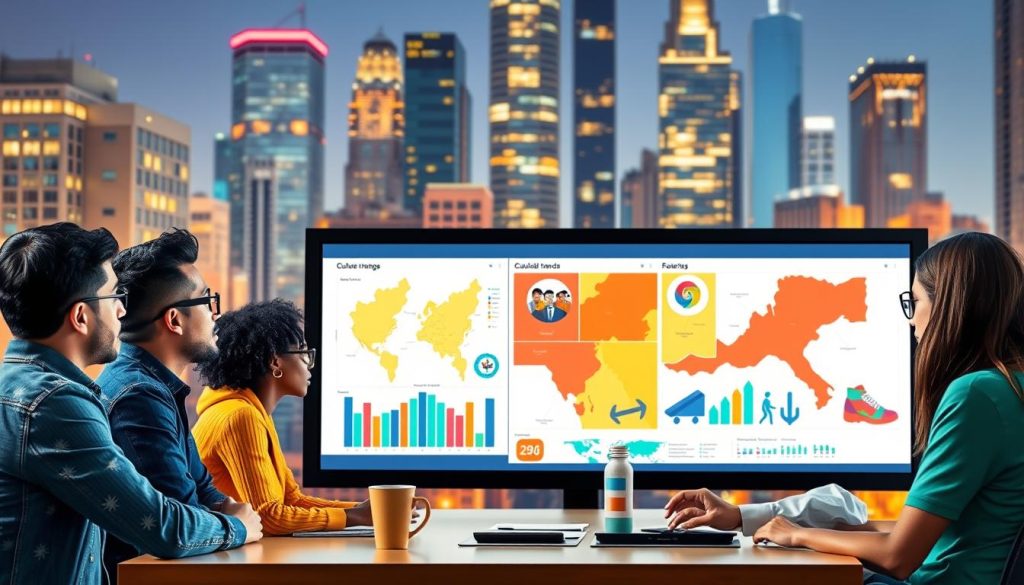 Generate an image of a marketing team analyzing cultural trends on a large screen display, with a cityscape background.