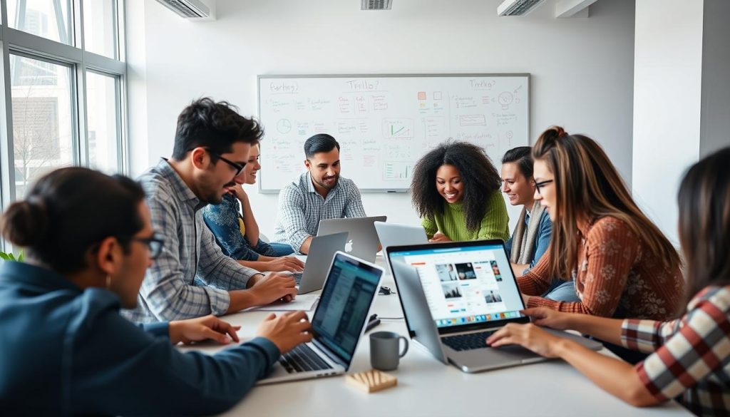 Generate an image of a marketing team using Trello on their laptops to manage workflow.