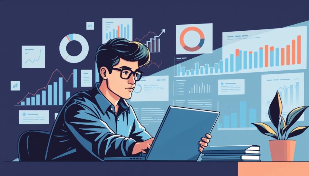 Generate an image of a person analyzing content marketing metrics on a laptop