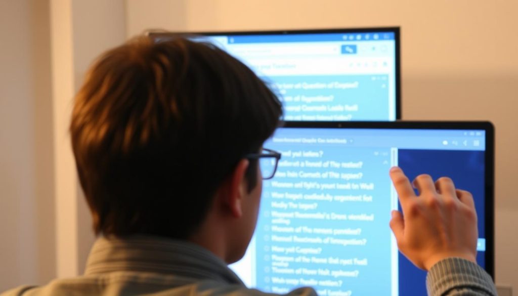 Generate an image of a person typing a topic into QuestionDB, with a list of questions appearing on the screen.