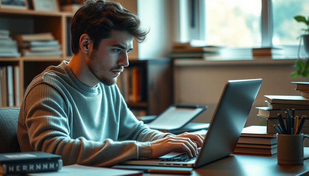 Generate an image of a person using a keyword research tool on their laptop.