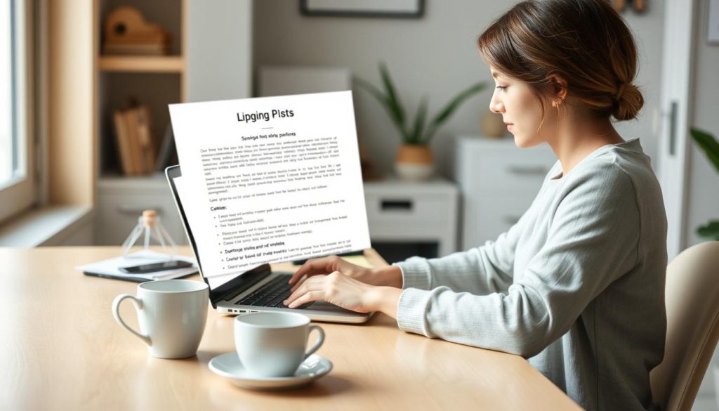 Generate an image of a person writing a blog post on a laptop, with a cup of coffee nearby.