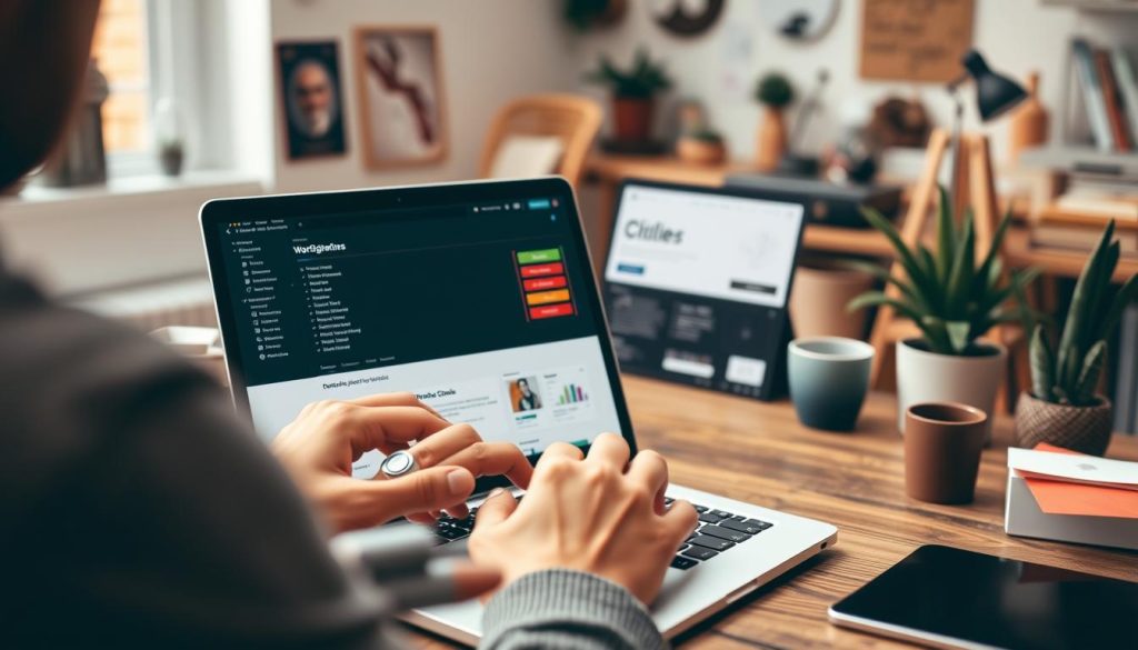 Generate an image of a person writing on a laptop with a WordPress dashboard open.
