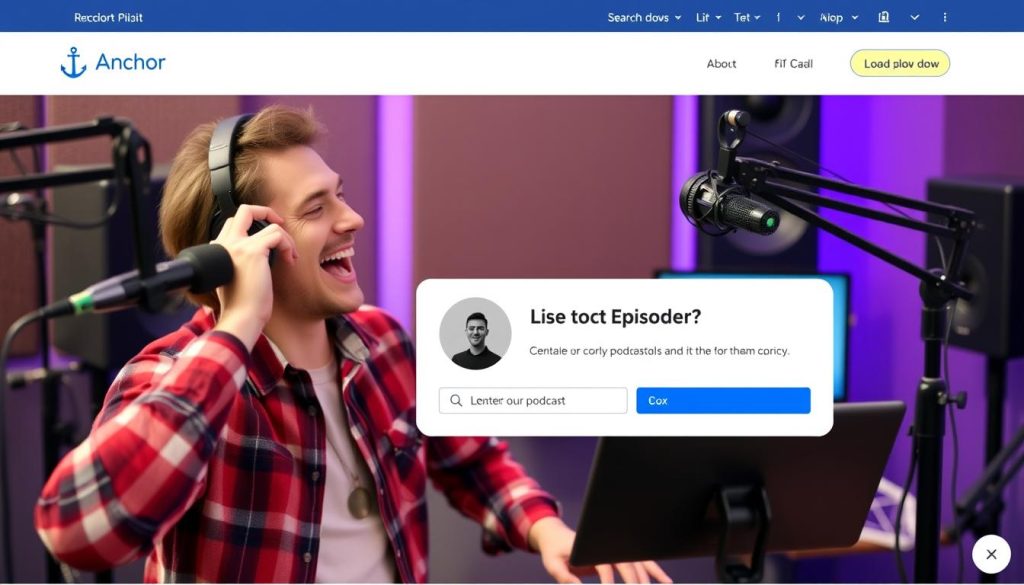 Generate an image of a podcaster recording an episode with Anchor.