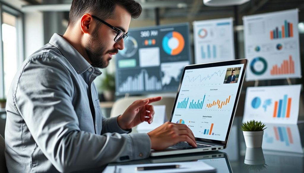 Generate an image of a real estate investor analyzing SEO data on a laptop