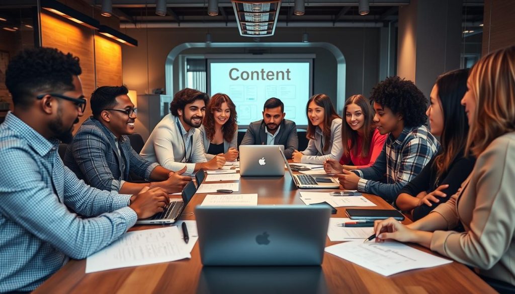 Generate an image of a team collaborating on content marketing strategies