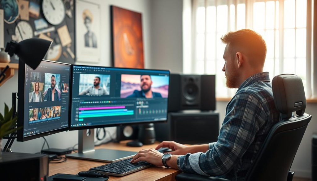 Generate an image of a video editor working on a project with Adobe Premiere Pro.