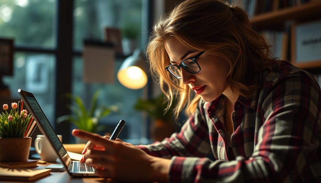 Generate an image of a writer using Grammarly to improve their content.