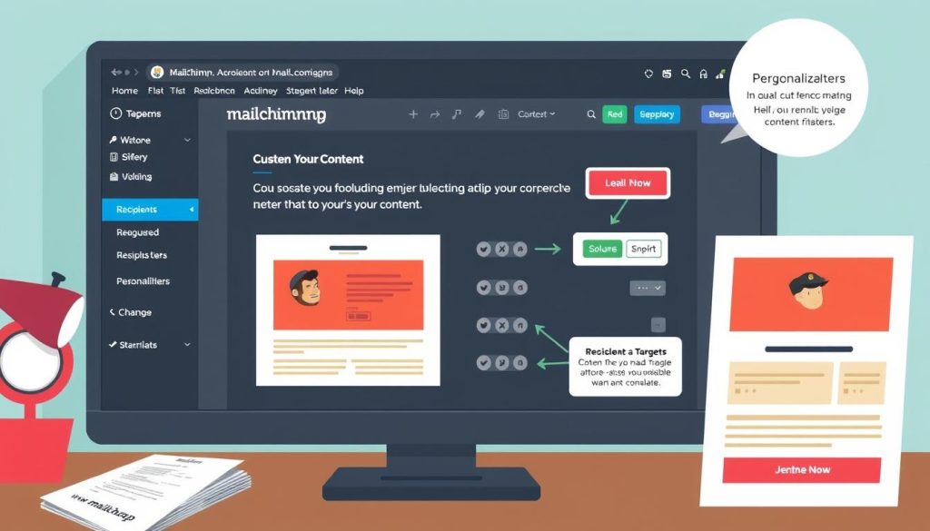 Generate an image of an email campaign being set up on Mailchimp with personalization options.