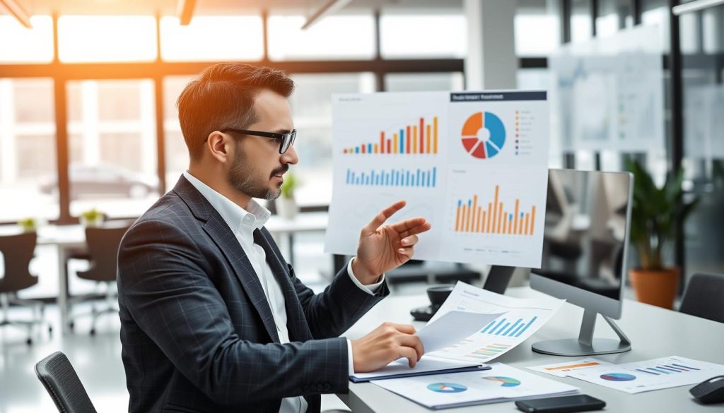 Generate image of a business professional analyzing lead generation data